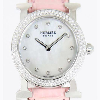 エルメス Hウォッチ コピー HERMES HR1.230.284/MRP ラウンド ダイヤモンド レザー ピンク/ホワイトシェル レディース